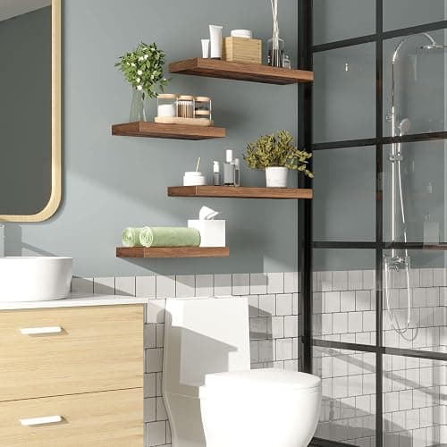 HOOBRO Floating Shelves for Wall, Wall Mounted Shelf Set of 2, 15.7" Hanging Shelf with Invisible Brackets, for Wall in Bathroom, Bedroom, Toilet, Kitchen, Living Room, Office, Rustic Brown BF40BJ01 thumbnail 4
