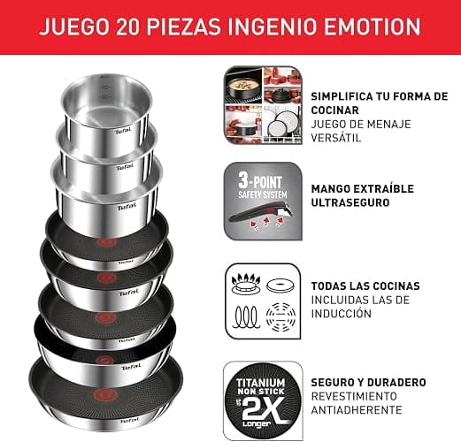 Tefal Ingenio Emotion - Juego de 8 Piezas + 12 Accesorios, Acero inoxidable | 3 Sartenes 22/24/28 cm + 3 Cazos 16/18/20 cm + Guisera 24 cm + Wok 26 cm + 12 Acc, Apto inducción y horno, Antiadherente thumbnail 3