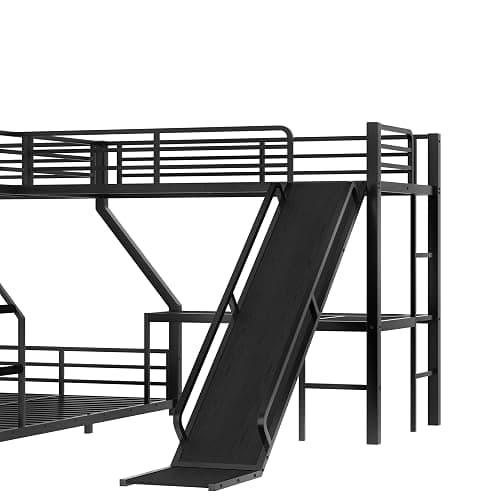 Bellemave Triple Bunk Beds, L-Shape Twin XL Over Queen Bunk Bed Attached a Loft Bed with Desk, Triple Bunk Bed with Slide and USB Ports, Metal Corner Bunkbed Frame for Three Boys Girls Teens, Black thumbnail 9