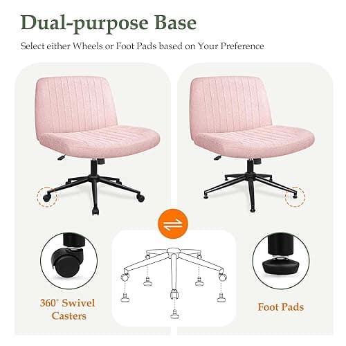 Orange Factory Criss Cross Chair Wheels Wide Cross Legged Office Desk Vanity Dual Base Comfy Fabric Armless Adjustable Swivel for Home Computer Task (Pink) thumbnail 4
