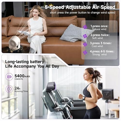 Wastou Rechargeable USB Desk Fan with Digital Display, 5-Speed Ultra Quiet Table Fan, 90° Manual Tilt & Hangable Fan for Bedroom, Kitchen, Camping, Office，Living Room thumbnail 4