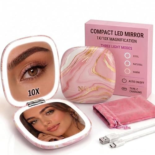 NJ GLAM Lighted Makeup Compact Mirror, 3.9 Inch – 1x/10x Magnification Portable, LED – Auto Light On/Off - USB Charging, (Blush Marble) thumbnail 3