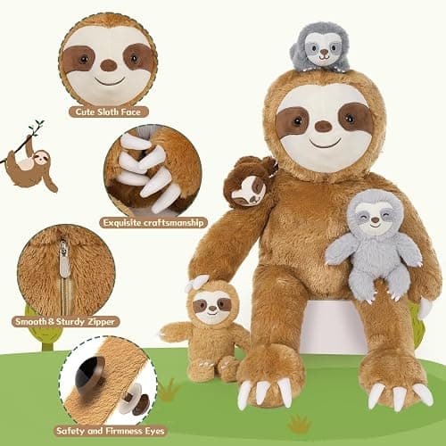 Tezituor 5Pcs Sloth Stuffed Animal Set, 22 inch Large Mommy Stuffed Sloth with 4 Babies Soft Plush Pillow for Girl Boy thumbnail 6