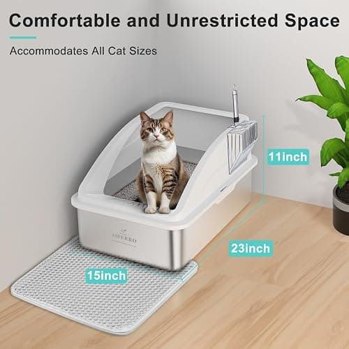 Stainless Steel Litter Box | XL Enclosed Cat Litter Boxes with Lid for Big Cats | High Sided, Anti-Urine Leakage | Non-Stick Bottom & Includes Litter Mat & Metal Scoop thumbnail 6