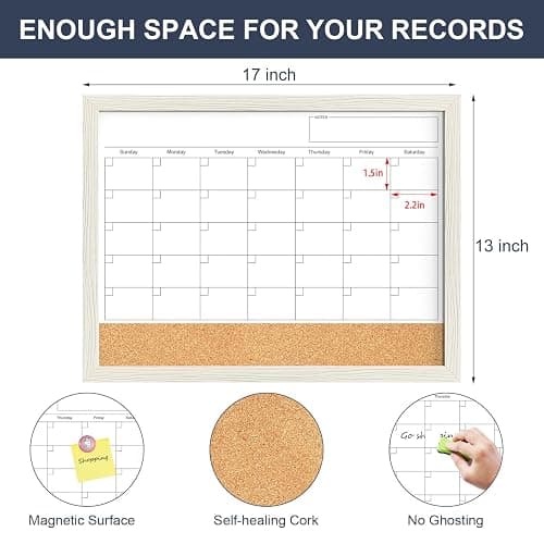 Calendar Whiteboard for Wall, TANKEE 17x13 Inches Whiteboard Calendar Cork Board Combo, Small Magnetic White Board with Wood Framed, Hanging Dry Erase Board for Kitchen Home Office School Planner thumbnail 3