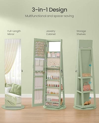 SONGMICS 6 LEDs Lockable Mirror Jewelry Cabinet, 360° Swivel Jewelry Organizer Armoire Standing, Frameless Full-Length Mirror, 3 Storage Shelves, Laurel Green Surface, Cream White Lining UJJC007C01 thumbnail 4