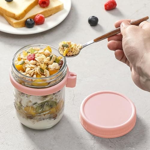 6 Pack Overnight Oats Containers with Lids and Spoons, 16 oz Glass Mason Overnight Oats Jars, Large Capacity Airtight Jars for Milk, Cereal, Fruit(Pink) thumbnail 5