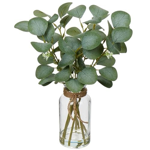 Briful Artificial Eucalyptus Stems in Glass Vase with Faux Water, 14" Fake Plant Eucalyptus Leaves for Home Bathroom Office Farmhouse Wedding Centerpiece Décor - Image 1