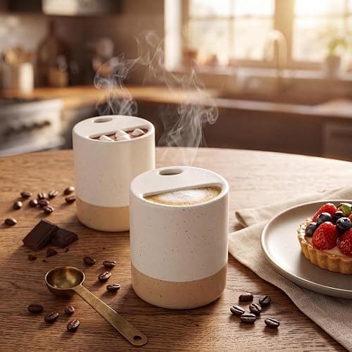 Hushee 2 Pack Color Block Ceramic Coffee Mugs with Sip Hole | 10 oz, Beige and White Espresso Cups, Half Lid, Boho Ceramic Mugs, for Iced Coffee, Home Office Daily Supplies thumbnail 2