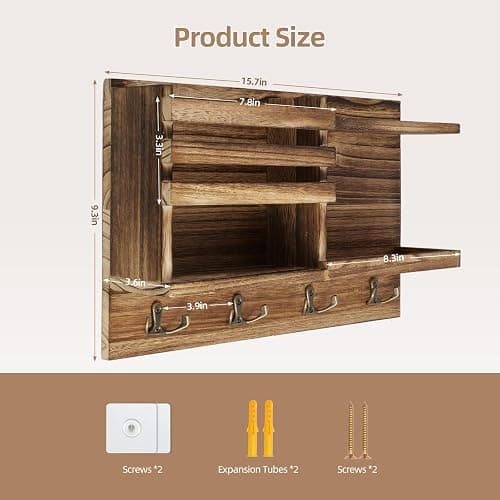 Key Holder Wall Mount, Solid Wood Key and Mail Organizer for Wall(Self Adhesive or Drill), 8 Hooks Key Rack for Entryway Hallway Bedroom Farmhouse Home Decor (Burnt Brown) thumbnail 3
