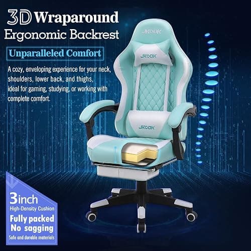 JKOOK Gaming Chair with Footrest, Multifunctional Desk Chair with Linkage Armrest, PU Leather, Video Game Computer Chairs with Lumbar Support, Study,Game,Office,JK08 (Mint Green) thumbnail 4