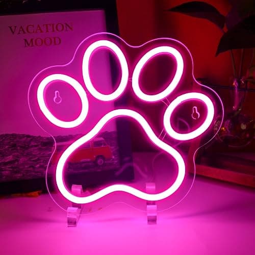 Aslanka LED Cat Dog Paw Neon Sign, Dimmable Led Doggy Foot Print Neon Light for Wall Decor, USB Powered Lighted Acrylic Kitten Sign for Living Room Bedroom Doghouse Pet Shop Daughter Girls Gifts-Pink - Image 1