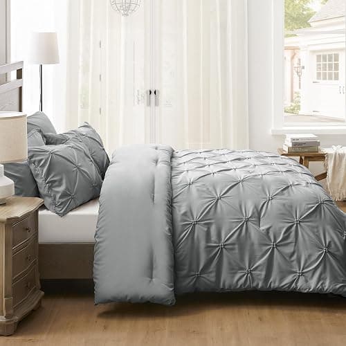 UNIKOME Queen Comforter Set Gray/Light Gray - Soft Pintuck Down Alternative Bedding Set for All Seasons, 3 Pieces Pinch Pleat Solid Bed Set with Comforter, 2 Pillowcases - 09 Gray/Light Gray - Queen(92“x88“) thumbnail 7