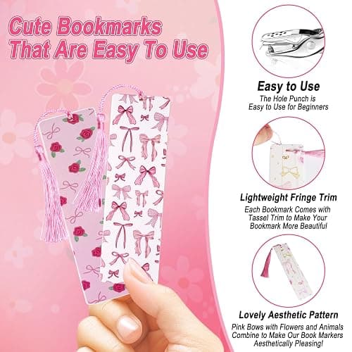24Set Cute Bookmarks for Reading Women Funny Aesthetic Bookmarks Pretty Pink Bow Book Marks Bulk DIY Bookmark Bookish Page Markers Making Kit Coquette Reading Accessories Stuff Gifts for Girls thumbnail 3
