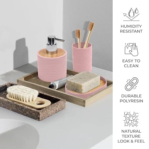 CERBIOR Bathroom Accessories Set 6 Piece Bamboo Bath Ensemble Includes Soap Dispenser, Toothbrush Holder, Toothbrush Cup, Soap Dish for Decorative Countertop and Housewarming Gift, Sriral Pink thumbnail 7