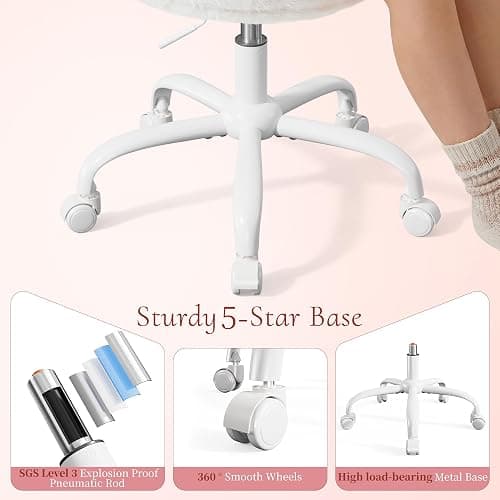 Homkdom Vanity Chair with Back, Swivel Chair with Wheels & Adjustable Height, Fluffy Faux Rabbit Fur Comfy Desk Chair for Vanity, Make-up Room, Bedroom, Dorm, Cute Bow Backrest, White thumbnail 5