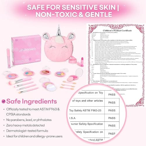 Kids Real Makeup Kit for Girls 3-10 Years Old : Washable Non Toxic Make Up Toys Sets for Toddler - 17Pcs Vanity Set with Unicorn Purse for Little Girl Ages 3 4 5 6 7 8 Birthday Gifts - Pink thumbnail 5
