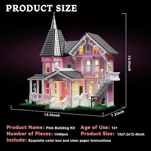 Pink Palace House Building Set with Lights,Halloween Haunted Blocks Toy,Compatible with Lego,Halloween House Kit for Kids Adults,Valentines Christmas for Girls and Boys (1349PCS) thumbnail 3