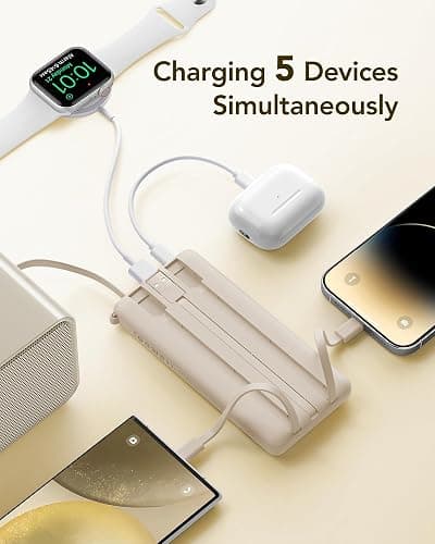 VRURC Portable Charger Power Bank,10000mAh Travel Essentials Battery Pack, 5 Outputs 2 Inputs Slim USB C Charging Bank Built-in Cables Cords for iPhone 17 16 15 13,Samsung,Android-Light Coffee(1 Pack) thumbnail 4