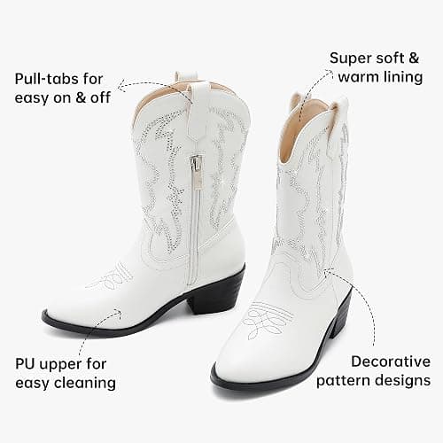 LAURMOSA Girls Cowboy Boots Pull On Cowgirl Boots Pointed Toe Mid Calf Western Boots for Little Kid Big Kid - 3 Big Kid - Rhinestone White thumbnail 4