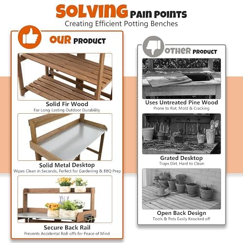 Outdoor Potting Bench Table, Indoor Wooden Work Station with Metal Table Top, Metal Hooks, Large Shelves, Heavy-Duty Gardening Workbench for Garden, Backyard, Patio, BBQ Prep Station, Easy Assembly thumbnail 6