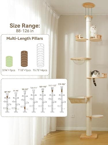 Floor to Ceiling Cat Tree, 5-Tier Adjustable Height(88-126in) Solid Wood Climbing Tower with Sisal Scratching Post, Transparent Capsule and Cozy Hammock thumbnail 4