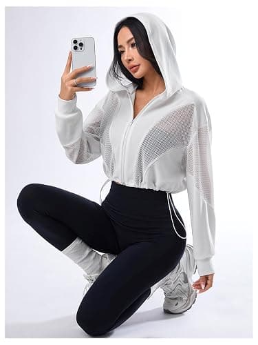 SweatyRocks Women's Zip Up Drawstring Hem Cropped Hoodie Mesh Workout Sports Track Lightweight Jacket thumbnail 3