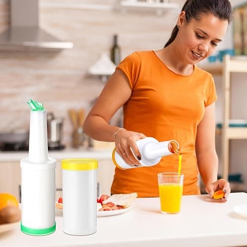 CHENGU 3 Pcs Bar Pour Colorful Juice Pouring Bottle Containers 34 oz Plastic Juice Dispensers for Bar Home Party Kitchen Supplies (Green,Yellow,Orange) thumbnail 6