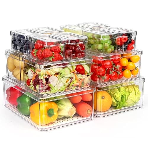 14 Pack Fridge Organizer, Stackable Refrigerator Organizer Bins with Lids PBA-Free, Clear Fridge Organizers and Storage for Kitchen, Countertops, Cabinets, Fridge, Drinks, Fruits, Vegetable, Cereals - Image 1