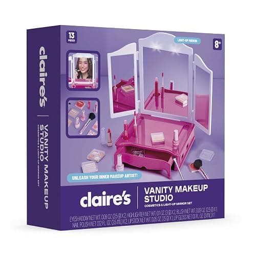 Claire's Makeup Vanity with Light-Up Tri-Panel Mirror, 13-Piece Real Cosmetic Set, Pretend Play Makeup for Kids 8-12, Girl Toys & Beauty Activity Gift with Lip Gloss, Lipstick, Nail Polish & More thumbnail 5