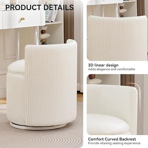 WUTUTUEE Leather Vanity Chair with Storage, 360° Swivel Makeup Chair with Pleated Back, No Assembly Small PU Accent Stool for Bedroom, Dressing Room, Living Room, White thumbnail 3