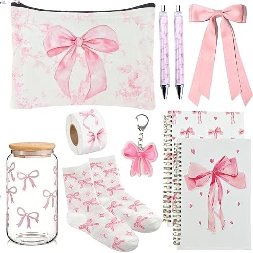 10 PCS Pink Bow Stuff Gift with Bow Cup, Preppy Makeup Bag, Notebook | Hairband, Sock, Bow Keychain,Pen,Sticker for Birthdays Present, Coquette Preppy Bow Accessories Set for Girl Women - Image 1