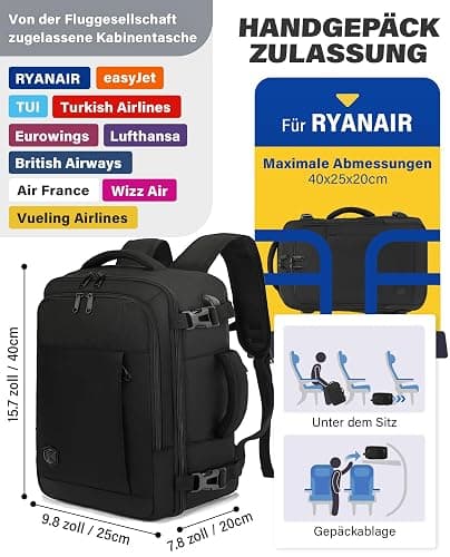 VANKEV für Ryanair Handgepäck 40x20x25 Laptop Rucksack Reiserucksack Klein Handgepäck Tasche Rucksack 14 Zoll Laptop Backpack für Herren Damen Schwarz thumbnail 3