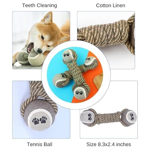 Dog Rope Chew Toy Dumbbell with Tennis Balls – Puppy Teething Toy, Perfect for Every Dog, Large or Small, Durable Rope Ball, Interactive Pet Toy for Chewing, Training & Dental Cleaning thumbnail 2