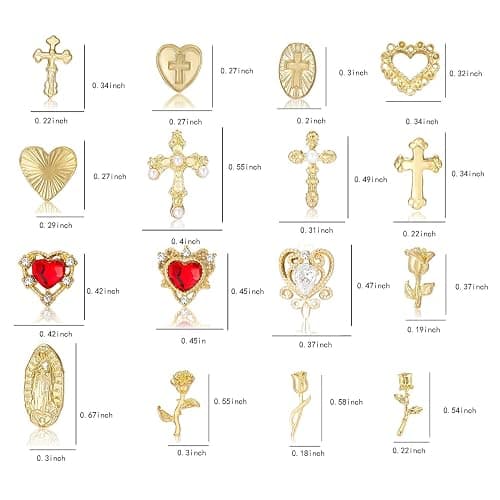 128PCS Gold Nail Charms Set with Rhinestones and Gems, Rose, Hearts, Cross and Virgin Mary - Y2K 3D Shiny Jewelry Nail Decorations Accessories Supplies thumbnail 2