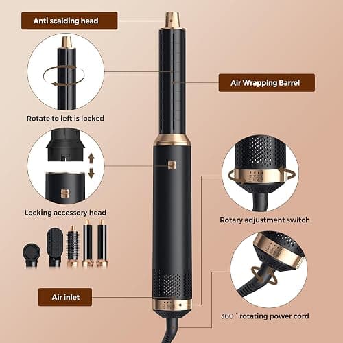 5 in 1 Blow Dryer Brush, Upgrade Hair Dryer Brush Air Curler Air Curling Wrap Styler, Detachable Hot Air Brush Negative Ion Curling Brush Iron, Hair Styling Tools for Drying Curling Straightening thumbnail 8