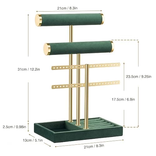 bussdis 3 Tier Bracelet Holder Display - Detachable T Bar Dark Green Velvet Bracelet Holder, Jewelry Holder Organizer for Bracelet, Necklace, Earrings, Rings thumbnail 3
