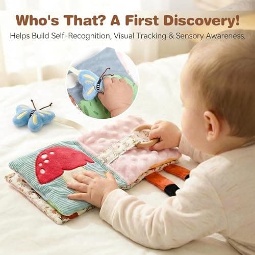 Macabaka Montessori Soft Baby Book - Sensory Book for Babies 0-12 Months with Crinkle Paper, Touch & Feel Textures, Baby Safe Mirror & Teether. Educational Infant Toys for Tummy Time, Newborn thumbnail 4