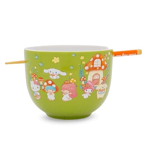 Silver Buffalo Sanrio Hello Kitty and Friends Mushroom Crew Ceramic Dinnerware Set | Includes 20-Ounce Ramen Noodle Bowl and Wooden Chopsticks | Asian Food Dish Set For Home & Kitchen - Image 1