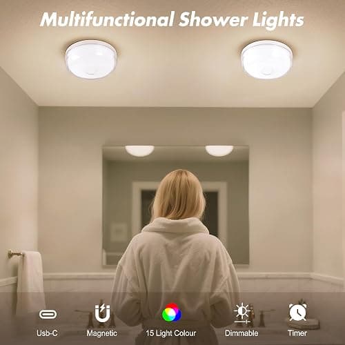2-Pack Rechargeable Shower Light No Wiring, 15 RGBW Color Changeable Waterproof Lights for Shower with Remote(Dimmable＆Timer), LED Light for Inside Shower, Wireless Mood Lighting for Bathroom, White thumbnail 3