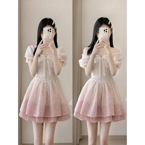 QJK Puff Sleeve Dress with Bow Tie Lace Trim and Pleated Skirt - Kawaii Cute Lolita Dress for Women thumbnail 4