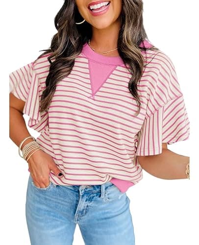 Women's Summer Striped Ruffle Short Sleeve Tops Contrast Color Block 2026 Round Neck Loose Fit Cute Casual Top Blouse - Image 1