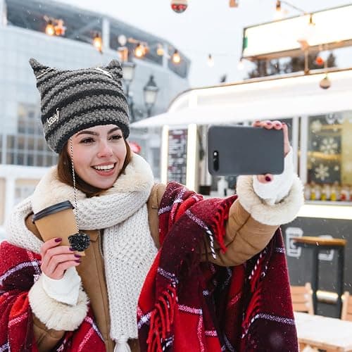 Scettar 2 Paare Damen Lange Fingerlose Handschuhe ，1 Paar Katzenohren-Mützen，Gestreift Stricken Armwärmer für Frauen, Y2k Streifen Fingerlose Armstulpen Handschuhe für Herbst Winter thumbnail 5