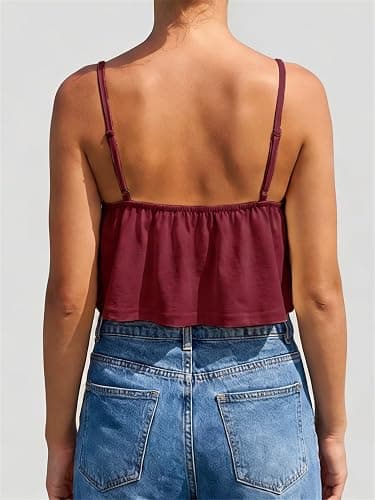 Women Y2k Flowy Ruffle Hem Cami Tank Top Casual Solid Color Deep V Neck Sleeveless Peplum Camisole Summer Beachwear thumbnail 5