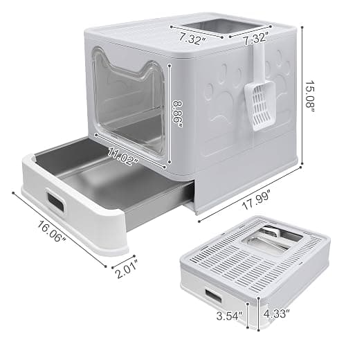Modign Stainless Steel Litter Box with Lid,Large Foldable Litter Box with Lid,Covered Top Entry Litter Boxs,Enclosed Cat Litter Boxs with Litter Scoop for Big and Small Cats(Gray) thumbnail 2