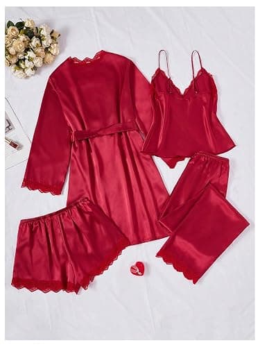 SweatyRocks Women's Silk Pajamas Set 4pcs with Robe Lace Trim Shorts Lounge Sets Pants Sleepwear thumbnail 2