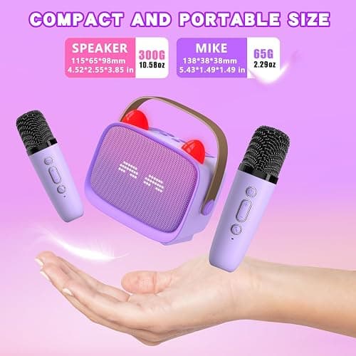 Mgaolo Upgraded Mini Karaoke Machine Toy for Kids, Portable Bluetooth Speaker with 2 Wireless Mics, Emoji & Colorful LED Lights, Home Travel & Party Play Gifts for Boys Girls (Purple) thumbnail 7