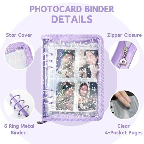 NOCAFI A5 Photocard Binder with 40 Pake 4-Pocket Pages, 6 Ring Photocard Holder Collector Storage Album Collecting Book with 320 Pockets for Organizing Photo,Trading,Game Card Collection (Purple) thumbnail 4