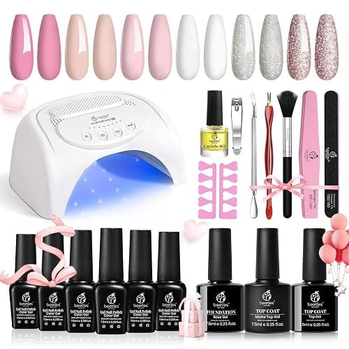 Beetles Gel Nail Polish Kit with 48W light 18 Pcs Gel Starter Kit,6 colors Nude Pink French White Glitter Gel Polish Soak Off Base Top Coat Gel Art Manicure Kit thumbnail 9