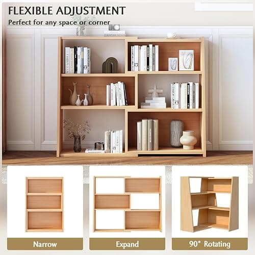 IOTXY Wooden Extendable Shelf Bookcase - 3-Tier Ladder Low Short Bookshelf for Small Space or Corner, Oak, S thumbnail 3